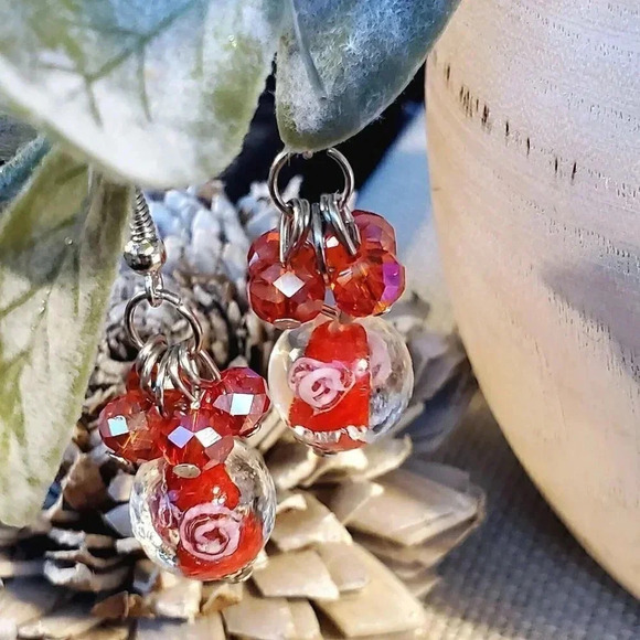 Handcrafted Red Murano Glass Flower Czech Crystal Beads Cluster Earrings - Picture 6 of 6